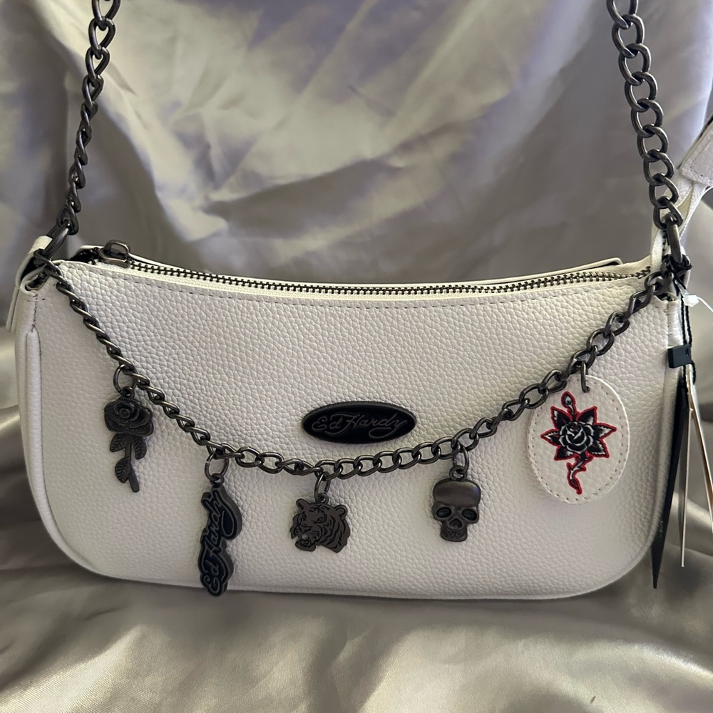 Ed Hardy White Shoulder Bag with Black Chain Details - Picture 2 of 6